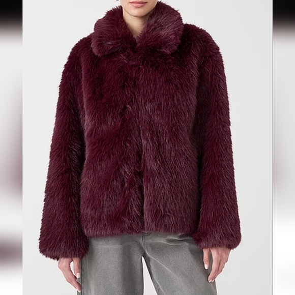 Rebecca Minkoff Fuax Fur Coat, Burgundy, NWT, Size L - Picture 10 of 10